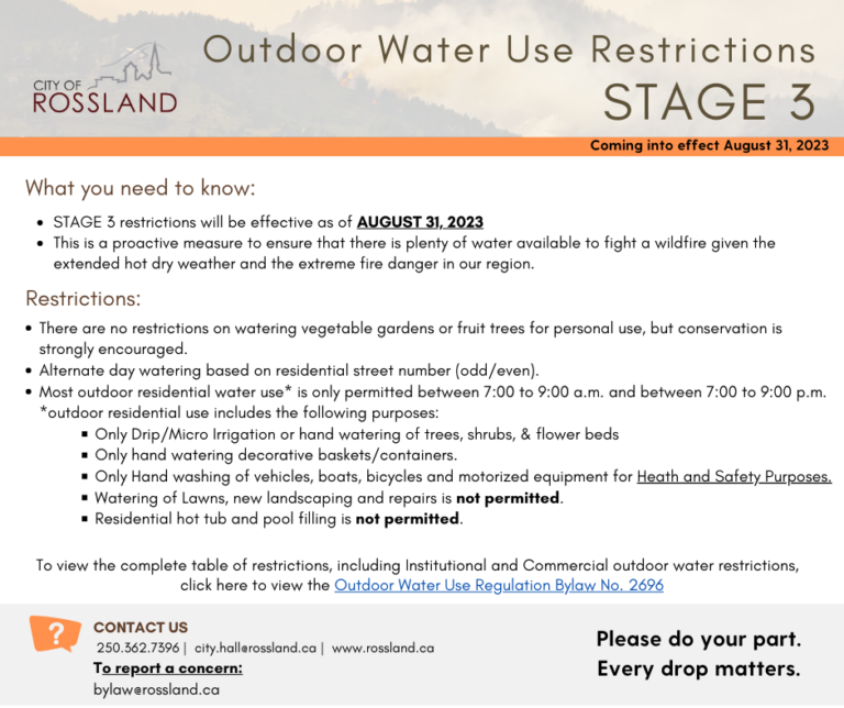 Stage 3 Outdoor Water Use Restrictions Rossland