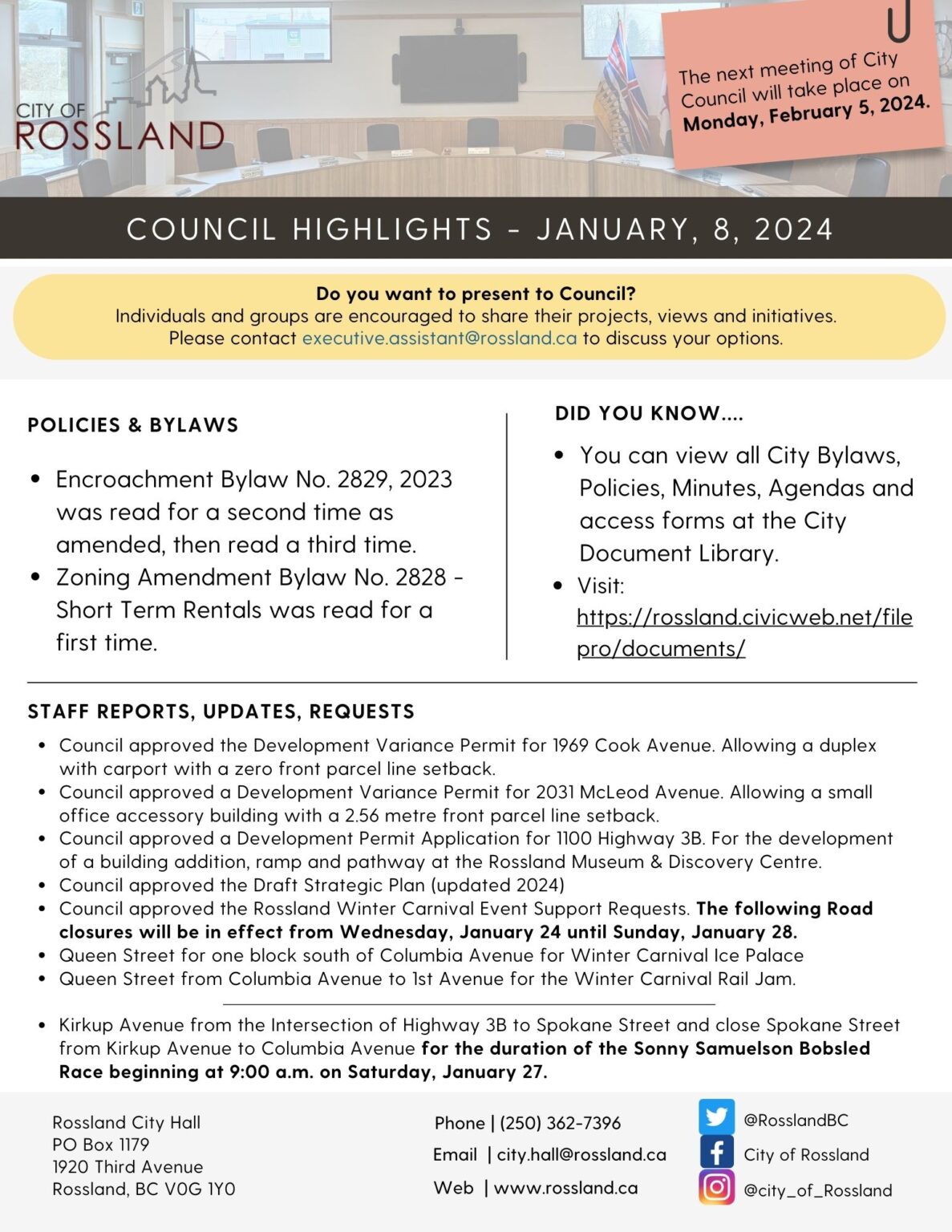 Council Meeting Highlights January 8 2024 Rossland Council Meeting Highlights January 8 2024 Rossland