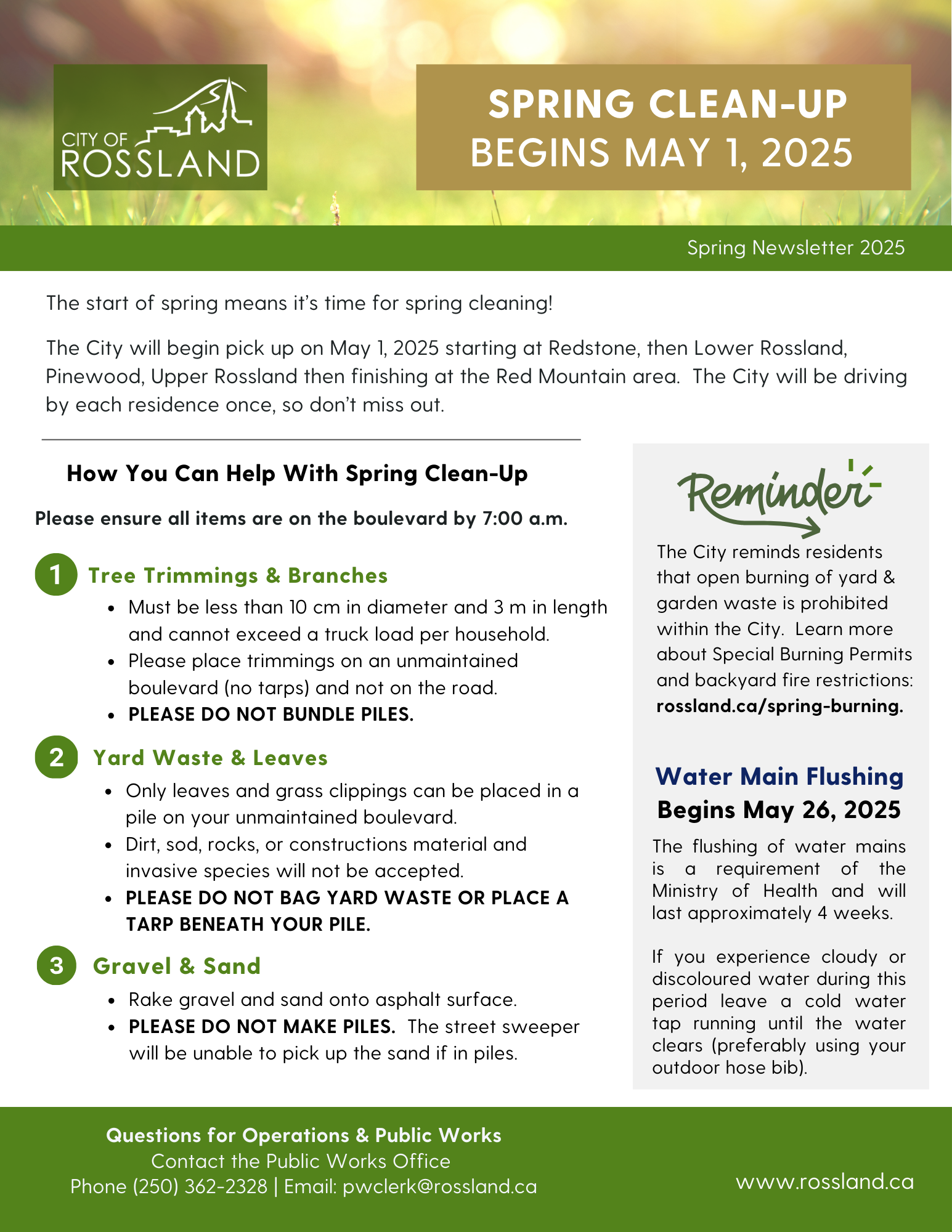Almost Spring Clean Up Time Spring Newsletter – Spring Clean-up begins May 1, 2025 – Rossland